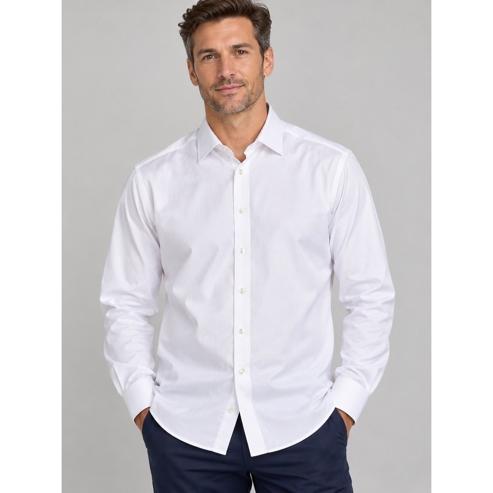 Charles Tyrwhitt Mens Large White Herringbone Dress Shirt Classic 16.5 Non-Iron
